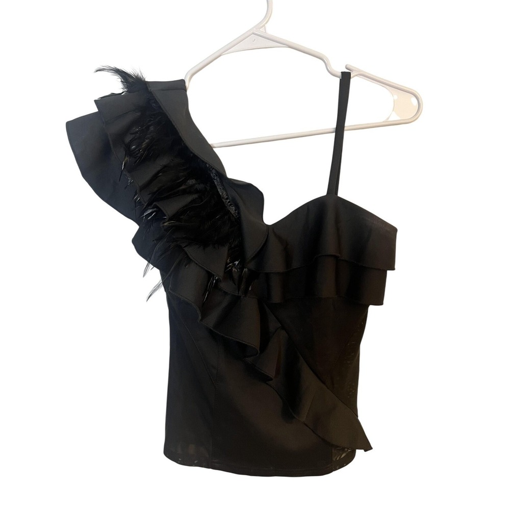 BLQ.MKT Top W Sm Black One Shoulder Asymmetrical‎ Ruffle Feather Avant Garde